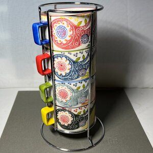 Set of 4 Pier 1 Imports Paisley Tea/Coffee Cups w/ Stand Hand Painted